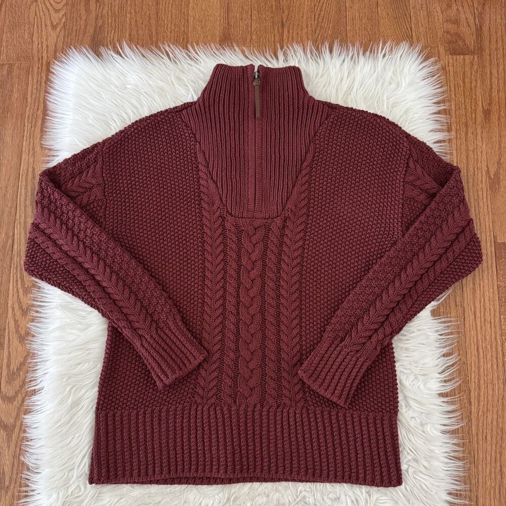 LL Bean Signature Sweater Women’s Small Cableknit Fisherman 1/4 Zip Pullover Red